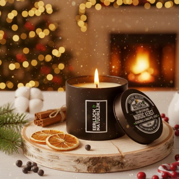 Nordic Kerst natuurlijke geurkaars met dennen, sinaasappel en kaneel bij open haard Eerlijck & Natuurlijk