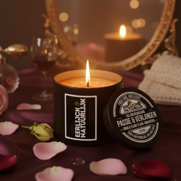 Passie & Verlangen tallow geurkaars met rozenblaadjes, spiegel en glas wijn Eerlijck & Natuurlijk