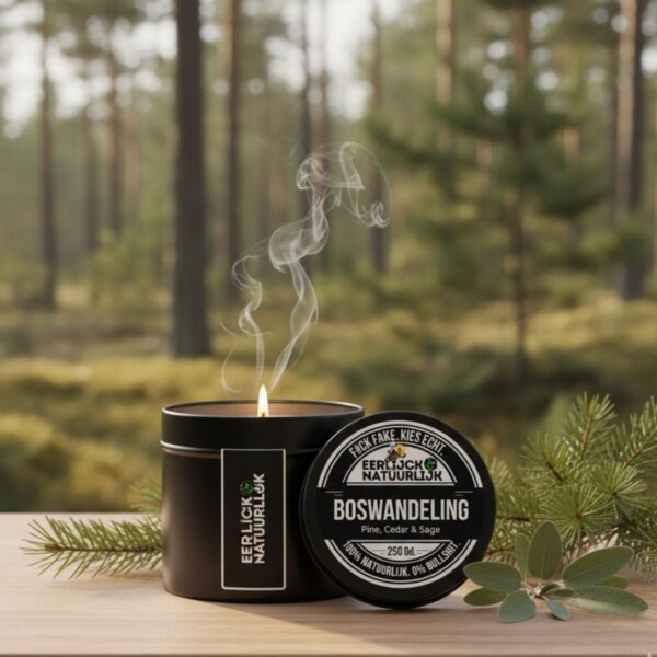 Boswandeling geurkaars styling dennentakken dennenappels zwart aluminium