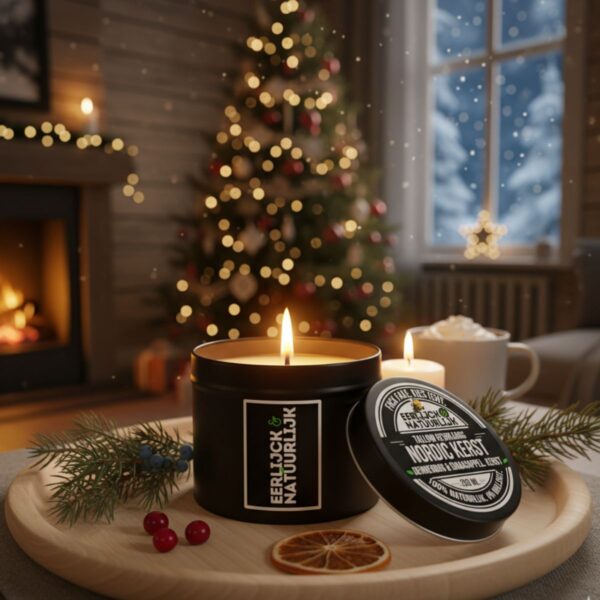 Nordic Kerst geurkaars brandend voor raam met sneeuw en kerstboom Eerlijck & Natuurlijk