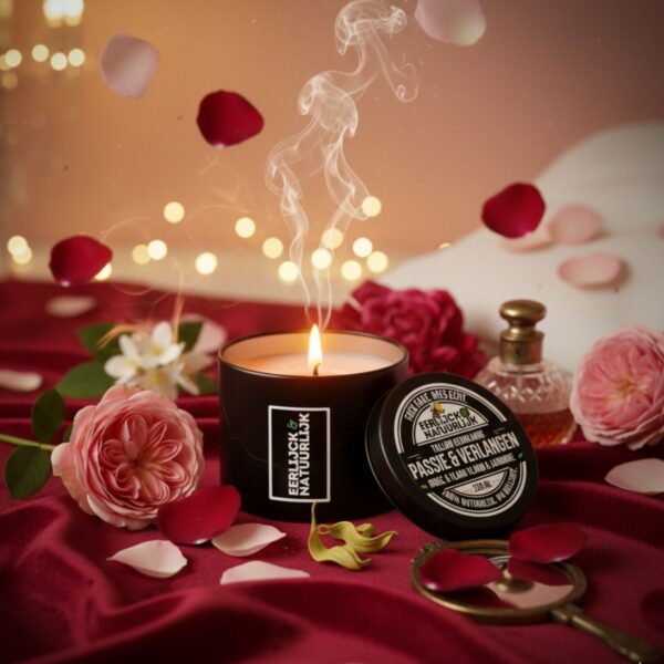 Passie & Verlangen natuurlijke geurkaars met brandend lont en vallende rozenblaadjes Eerlijck & Natuurlijk