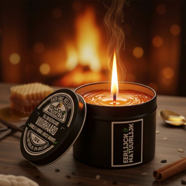 Brandende Vuurhaard geurkaars met houtlont en warme amberkleurige wax Eerlijck & Natuurlijk