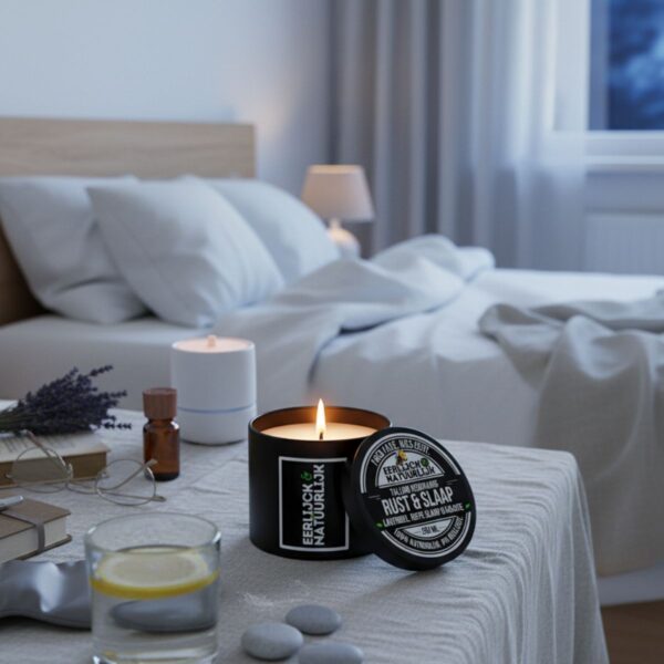 Brandende Rust & Slaap geurkaars met lavendel en kamille in knusse slaapkamer Eerlijck & Natuurlijk