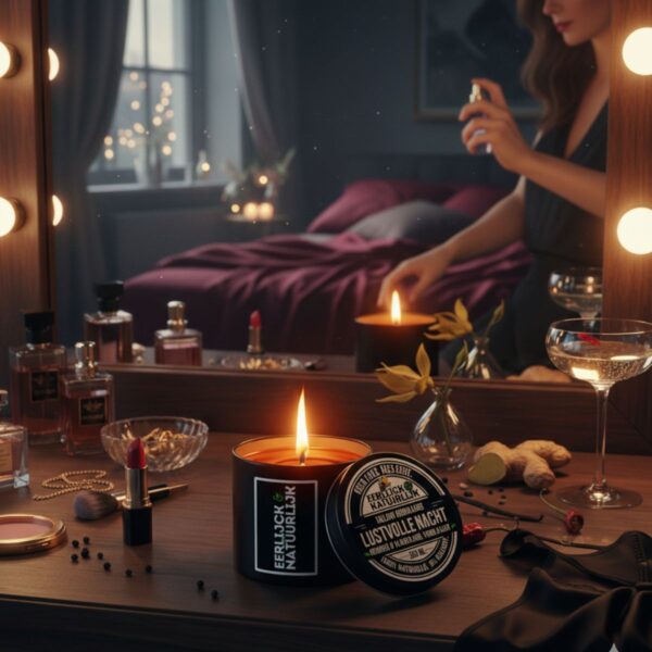 Brandende Tallow Geurkaars Lustvolle Nacht bij kaptafel met parfums en ylang ylang – Eerlijck & Natuurlijk