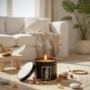 Tallow Geurkaars Rust & Slaap brandend in zen woonkamer met lavendel en natuurlijke decoratie Eerlijck & Natuurlijk