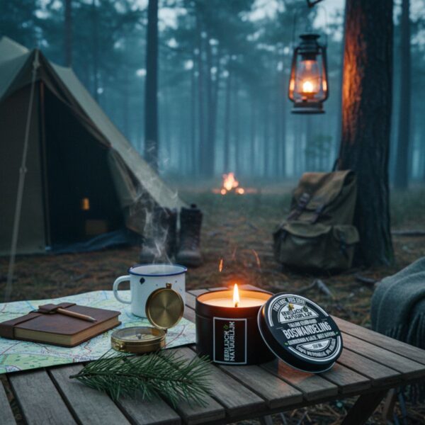 Boswandeling geurkaars styling dennentakken dennenappels zwart aluminium