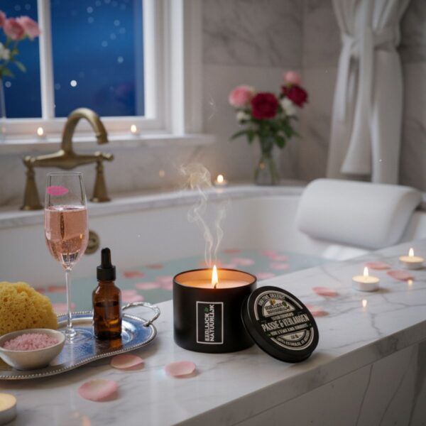 Passie & Verlangen geurkaars bij bad met champagne, rozen en sfeerverlichting Eerlijck & Natuurlijk