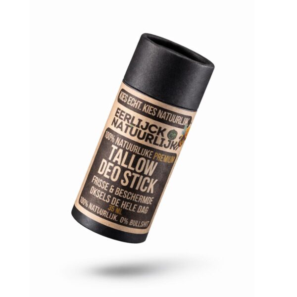 Tallow deodorant 35ml zwart kraft karton plasticvrij bio-identiek zinkoxide geen aluminium baking soda natuurlijk unisex gevoelige huid tallow deodorant stick