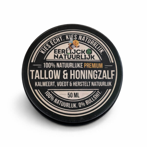 Tallow honingzalf 50ml zwart aluminium blik bio-identiek grasgevoerd rundvet rauwe honing natuurlijke healing balm droge huid