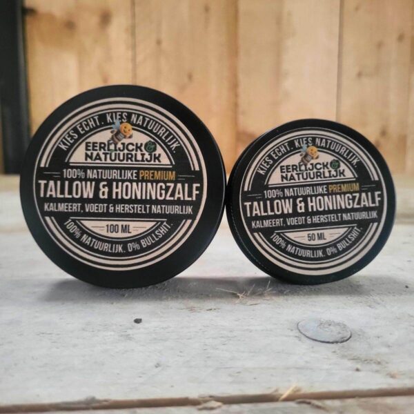 Tallow honingzalf beide formaten 50ml 100ml vergelijking aluminium blik bio-identiek rauwe honing healing balm variaties