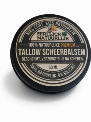 Tallow scheerbalsem 50ml zwart aluminium blik 3-in-1 natuurlijk bio-identiek 44% tallow calendula geen alcohol pre-shave aftershave