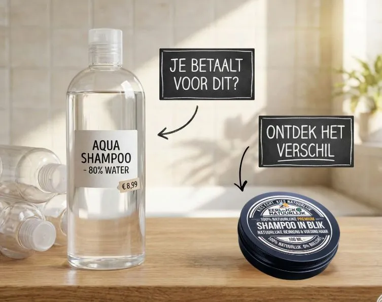 Shampoo in blik 100% watervrij versus plastic fles met 80% water - vergelijking Eerlijck & Natuurlijk
